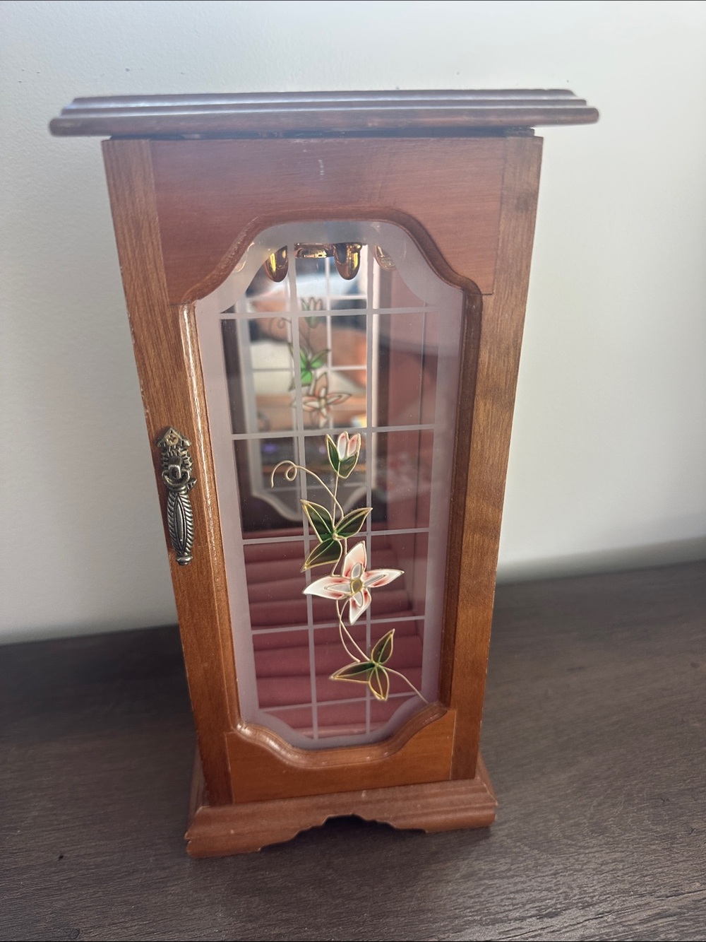 Vintage Wooden Jewelry Armoire with Floral Glass Door - Brown